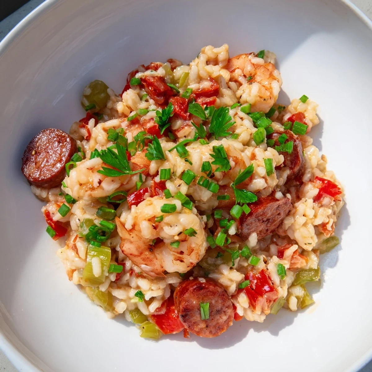 Savory Creole Jambalaya Risotto with Shrimp garnished with fresh parsley and green onions.
