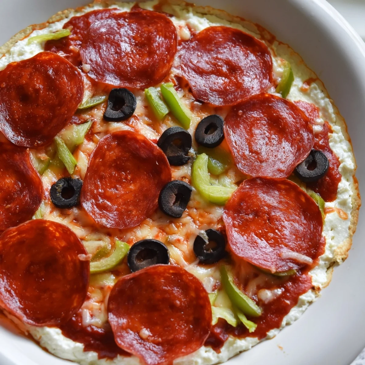 Freshly baked Pepperoni Pizza Dip with bubbling mozzarella, marinara, and savory beef pepperoni slices.