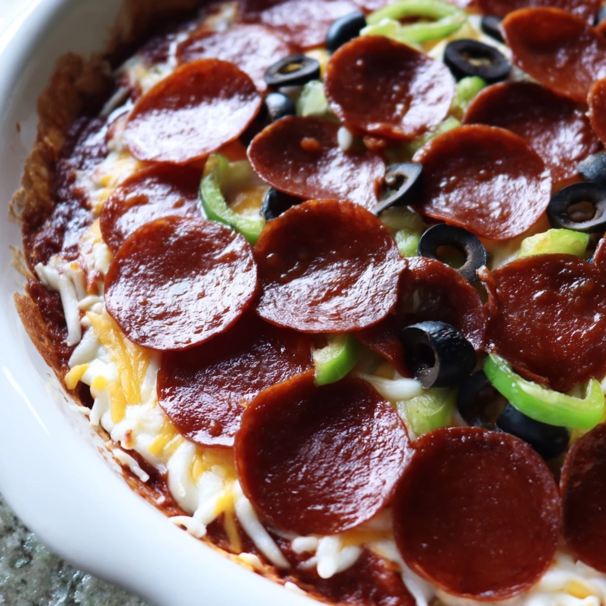 Easy party-ready Pepperoni Pizza Dip, baked until cheesy and topped with beef pepperoni and black olives.