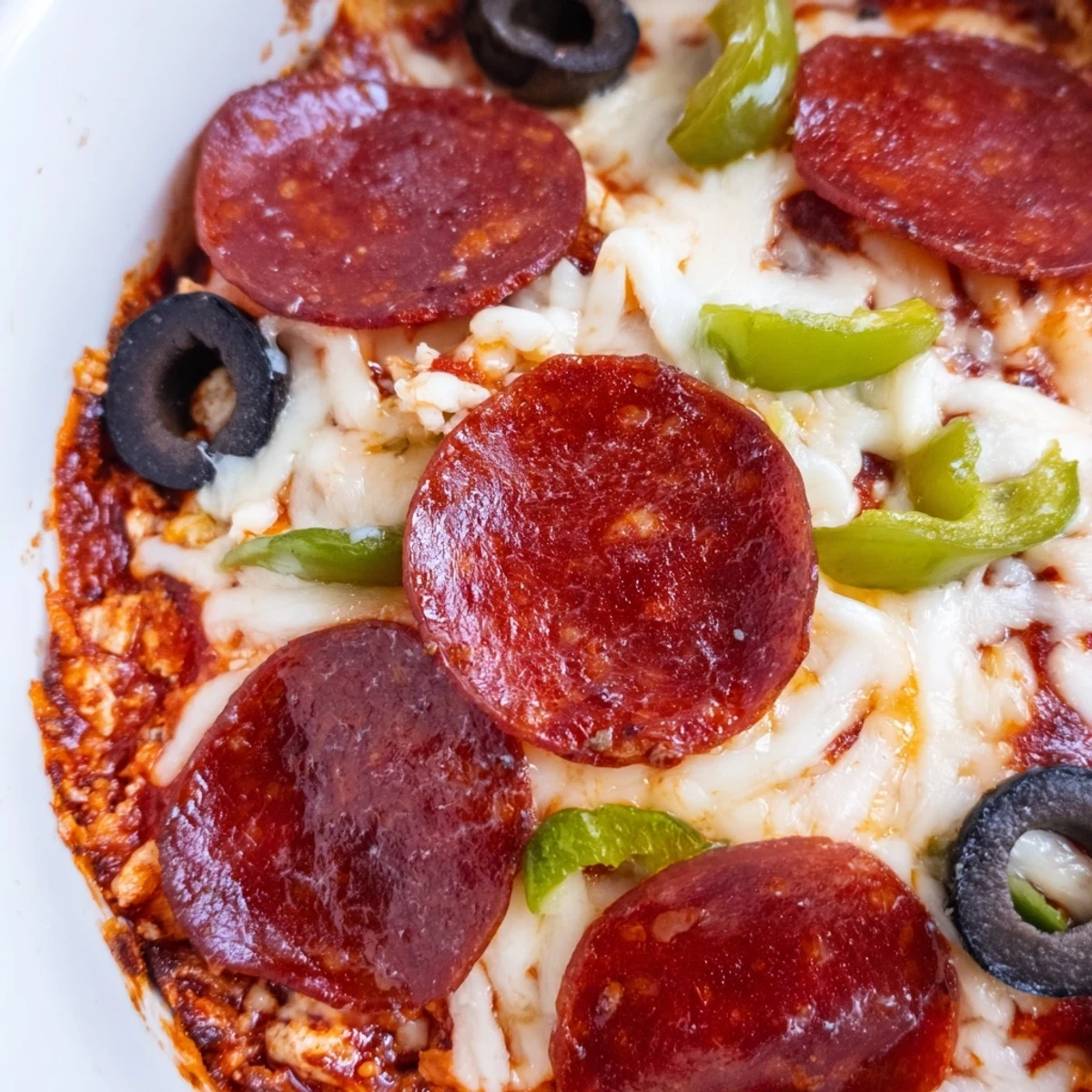 Golden, gooey Pepperoni Pizza Dip served warm with toasted baguette slices and a sprinkle of green pepper.