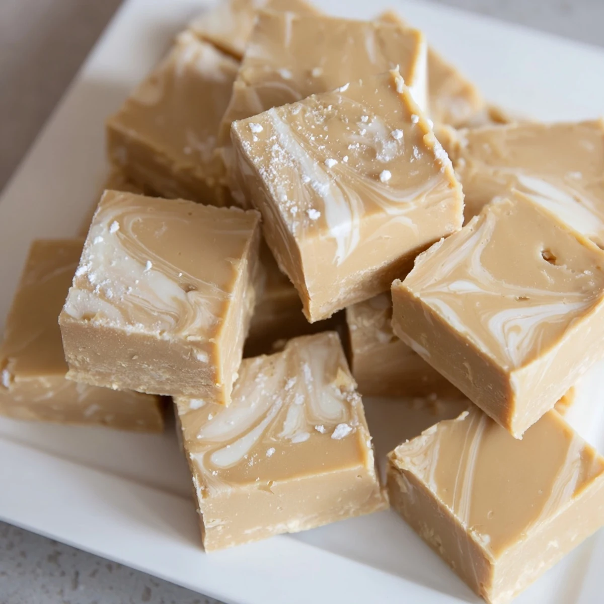 Homemade Irish Cream Fudge arranged on a festive plate, showcasing a soft, velvety center and rich, coffee-tinged aroma.