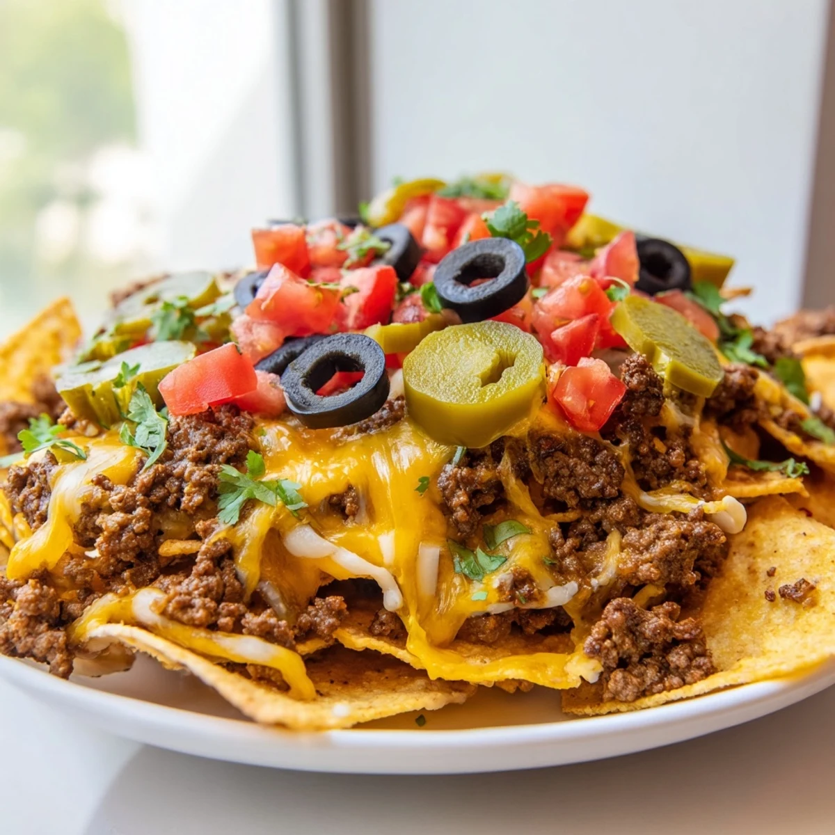Loaded Nacho Platter with Ground Beef and Cheese, baked golden and bubbly with melted cheddar, topped with fresh tomatoes, jalapeños, and cilantro for a party appetizer.