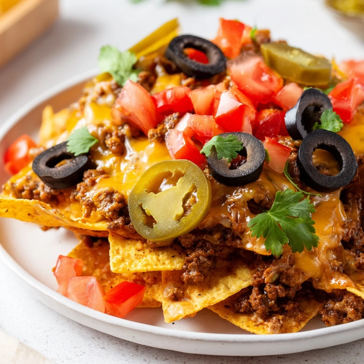 Hearty Nacho Platter with Ground Beef and Cheese layered over crispy tortilla chips, black beans, and melty cheese, served with guacamole, sour cream, and salsa for dipping.