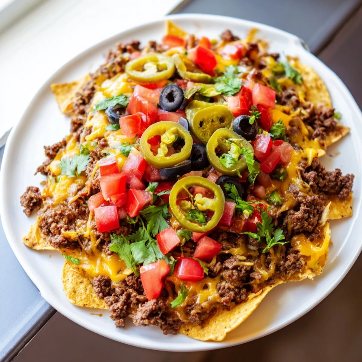 Freshly baked Nacho Platter with Ground Beef and Cheese on a serving platter, garnished with black olives and jalapeños, perfect for game day snacking with friends.