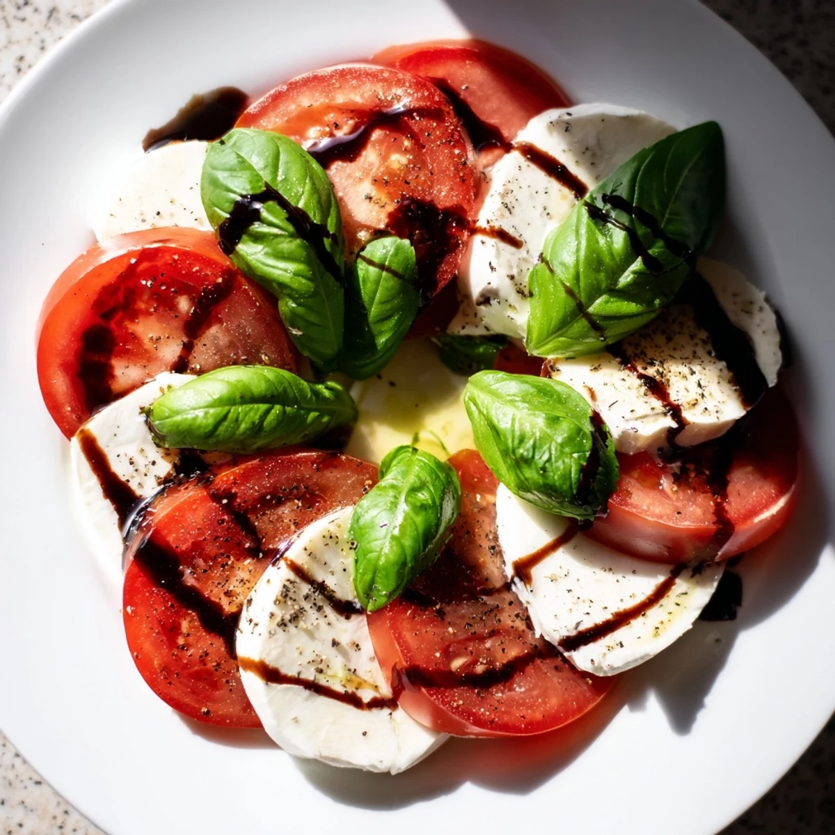 Heart-shaped slices of ripe tomatoes and fresh mozzarella layered with basil on a platter, drizzled with a sweet balsamic glaze for a romantic Caprese salad appetizer.
