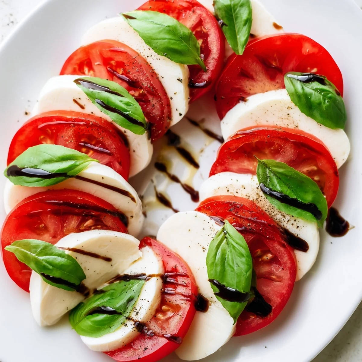 Vibrant red tomatoes and white mozzarella cut into hearts, nestled among green basil leaves and topped with a glossy balsamic reduction for a beautiful presentation.