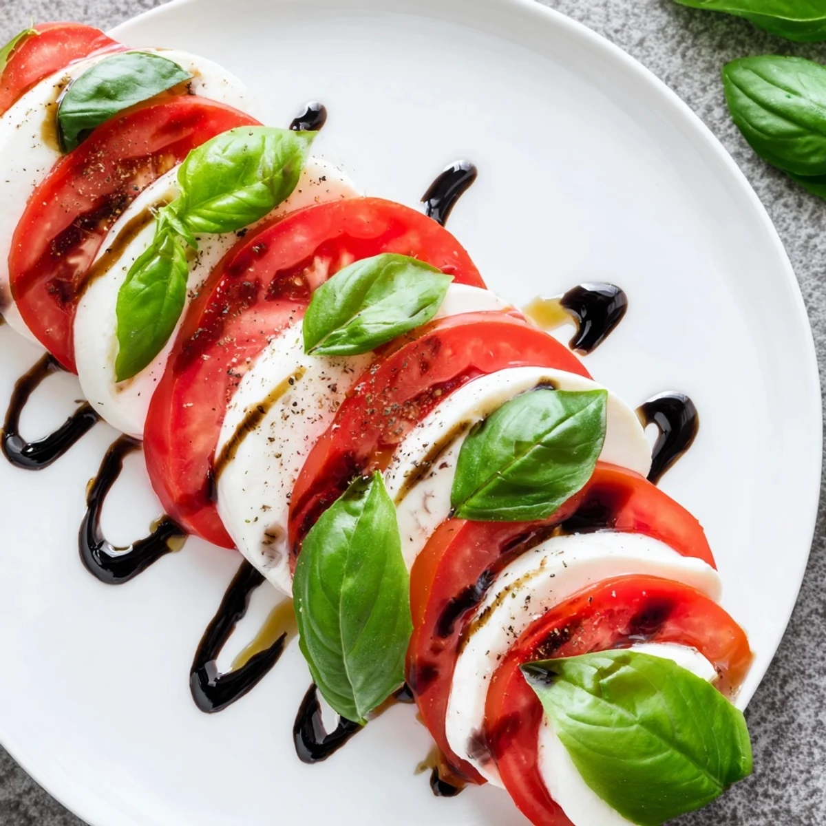 Close-up of a Heart Caprese Salad showing glistening balsamic glaze on the stacked ingredients, ready to serve as an elegant vegetarian starter for a special occasion.