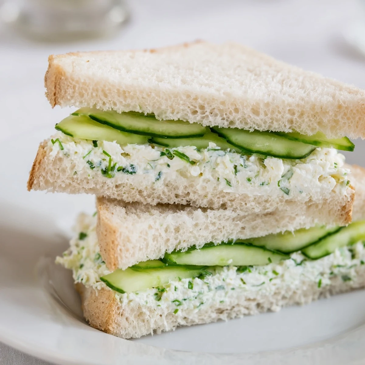 Freshly made Cucumber Sandwiches with Herb Cream Cheese on soft bread, perfect for an elegant tea party.