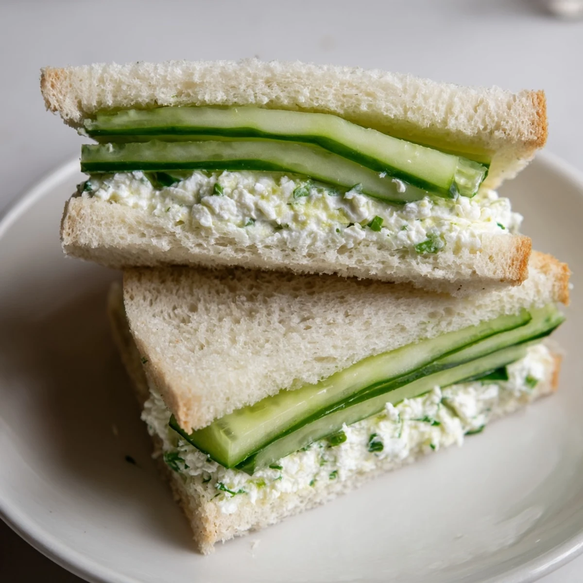 Stack of classic Cucumber Sandwiches with Herb Cream Cheese, featuring thin cucumber slices and visible herbs.