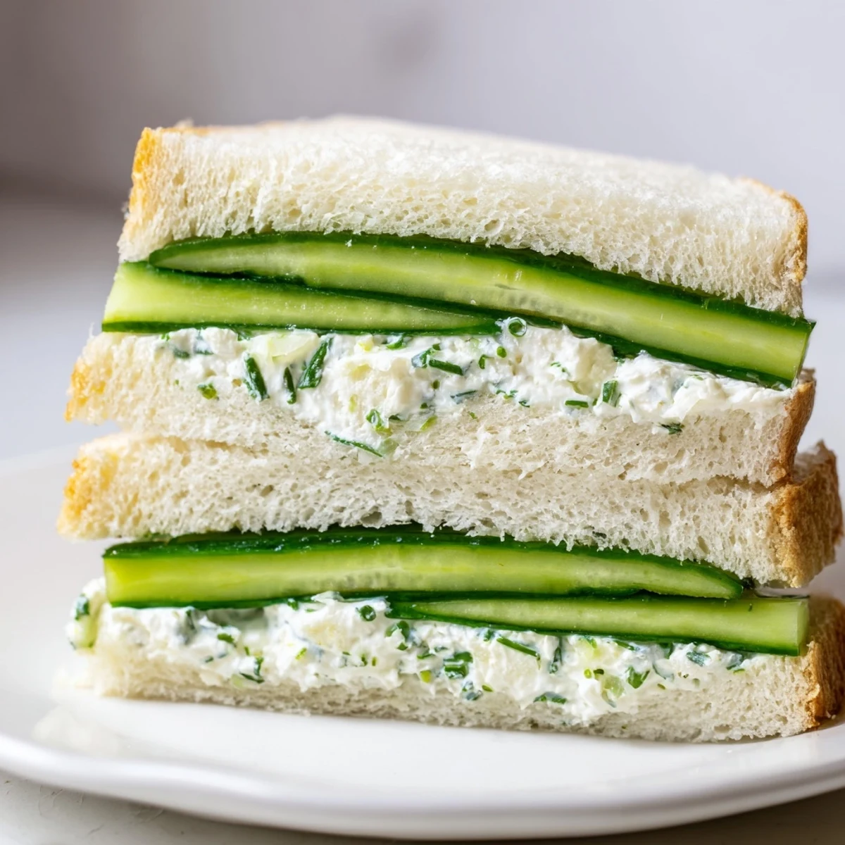 Close-up of Cucumber Sandwiches with Herb Cream Cheese, showcasing the creamy spread and crustless white bread.
