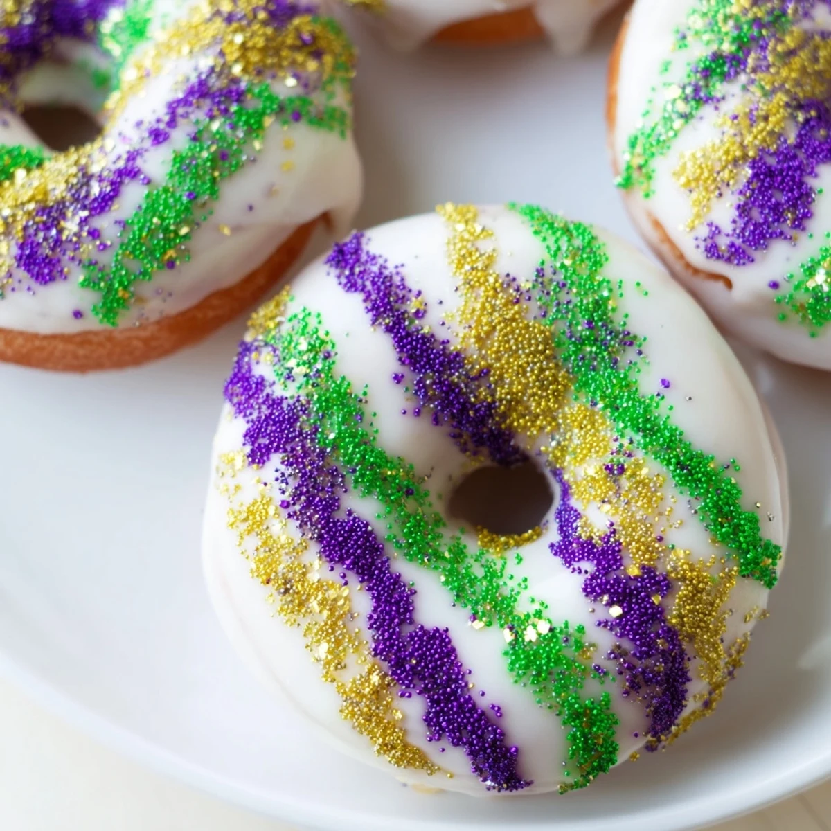 Golden-brown Mardi Gras Donuts with Colored Sugar glisten with icing and sparkling purple, green, and gold sprinkles on a festive platter.