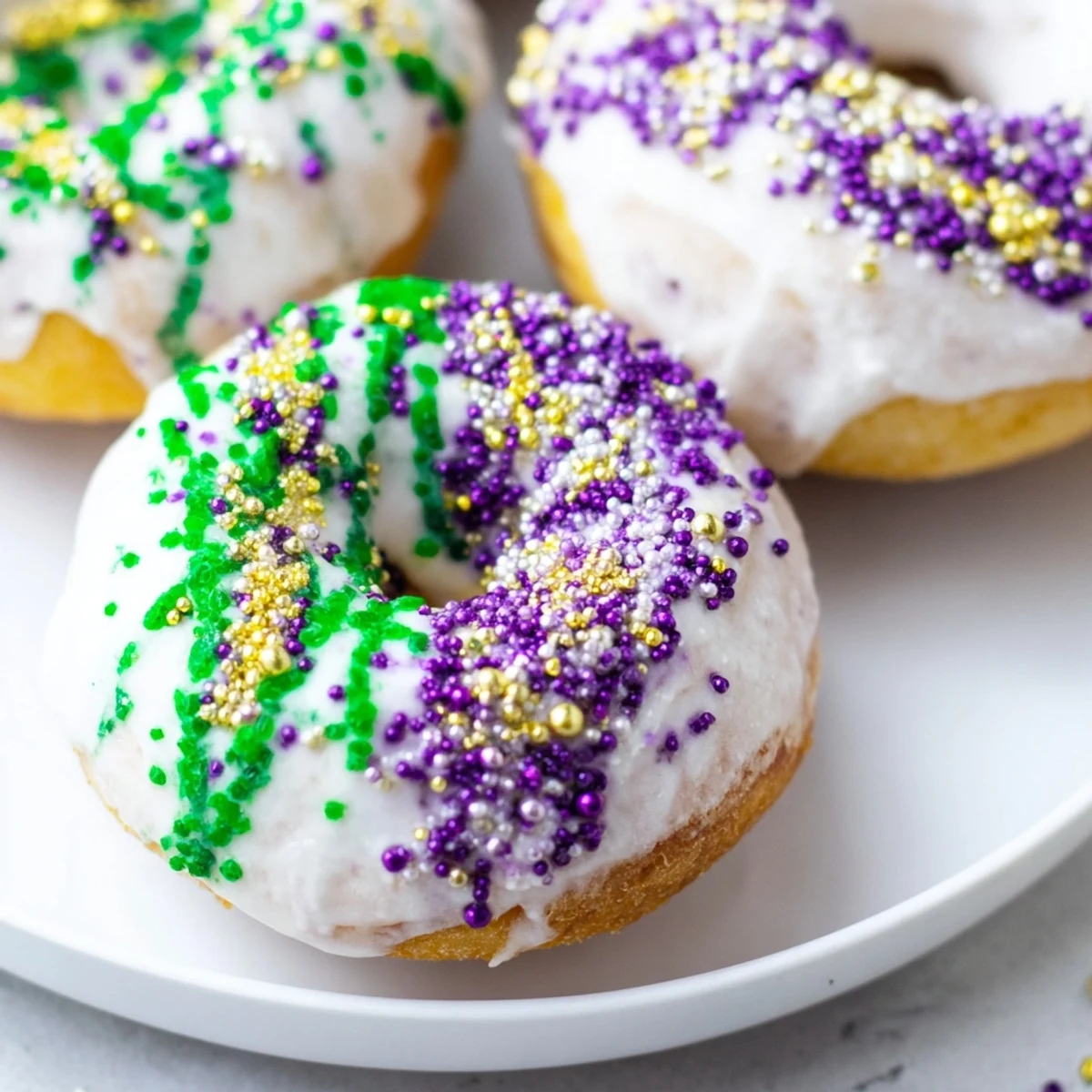 A stack of warm Mardi Gras Donuts drizzled with icing and topped with colorful sugar, ready to be enjoyed with coffee.
