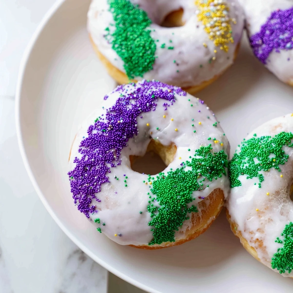 Freshly fried Mardi Gras Donuts coated in sweet icing and vibrant colored sugar, perfect for a lively New Orleans-inspired celebration.