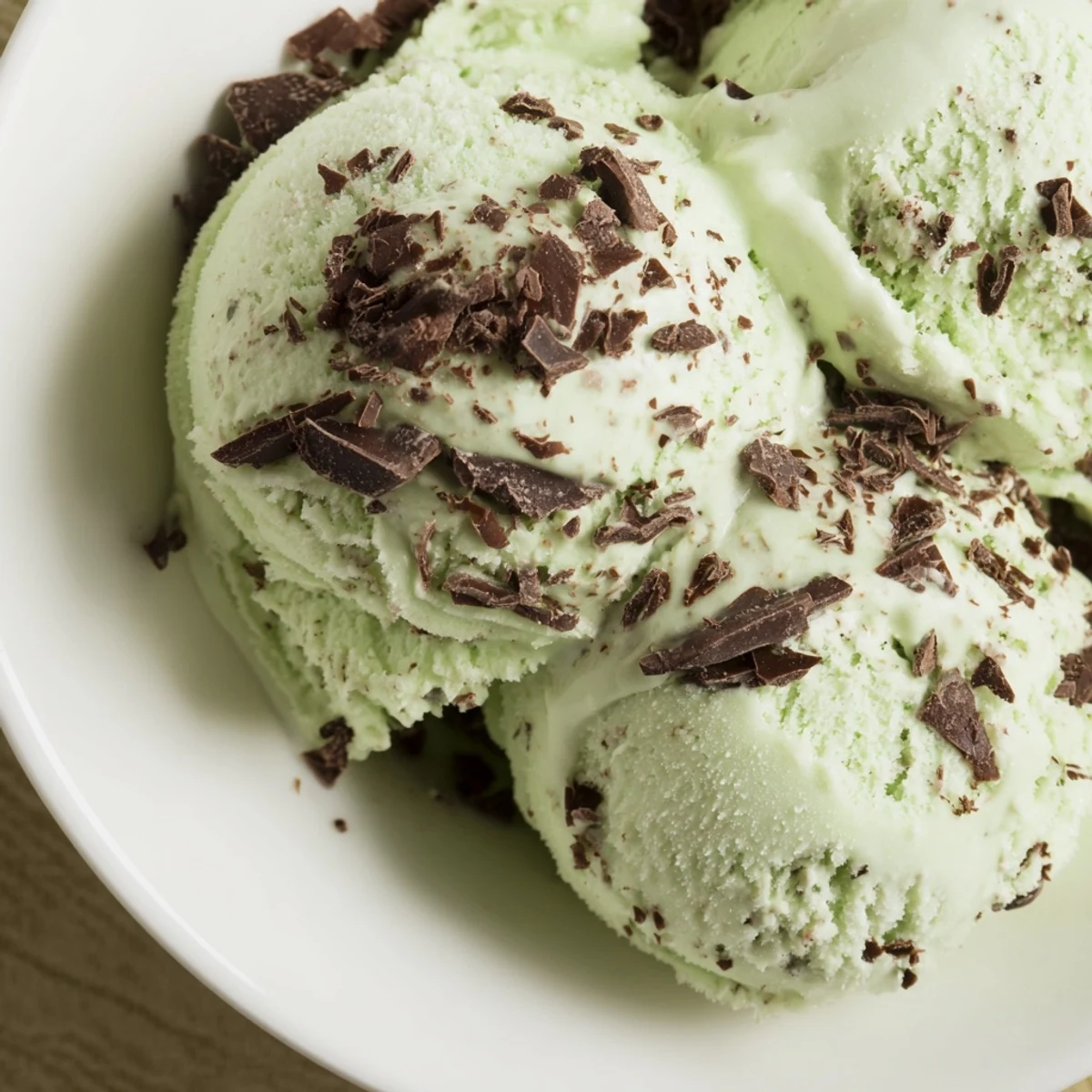 Creamy homemade Mint Chocolate Chip Ice Cream in a bowl with fresh mint leaves and chocolate chunks.