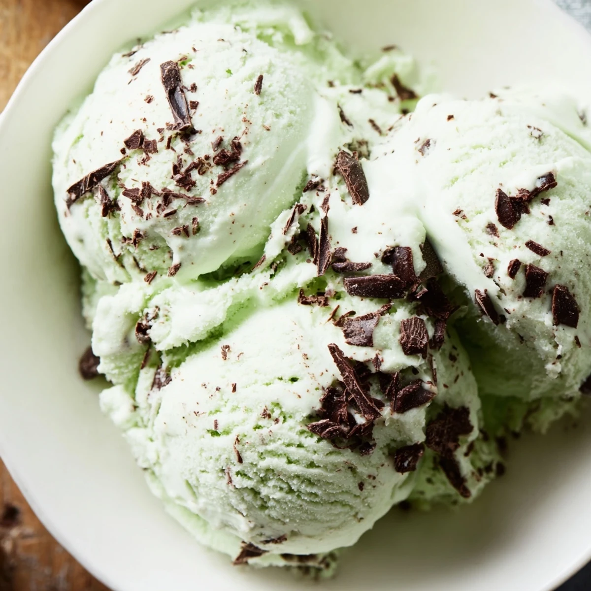 A rich scoop of Mint Chocolate Chip Ice Cream in a waffle cone on a sunny picnic table.