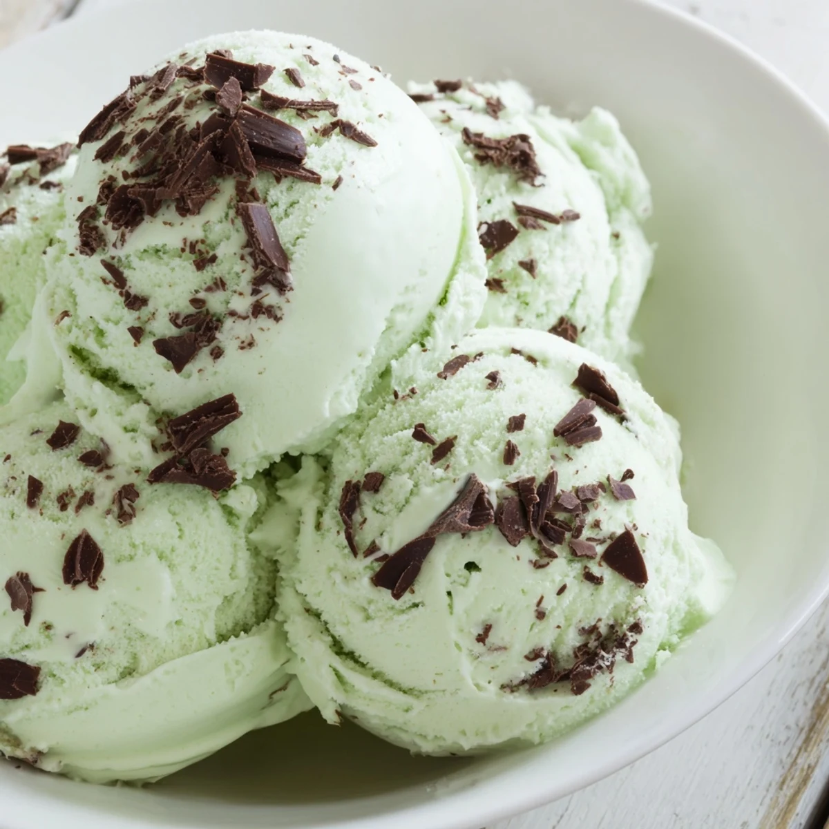 Churned Mint Chocolate Chip Ice Cream with green mint swirls and dark chocolate pieces in a vintage tin.