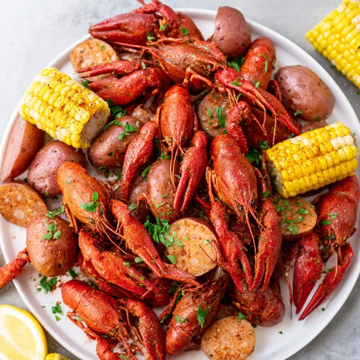 Freshly boiled crawfish, potatoes, and corn served for a festive Louisiana crawfish boil.