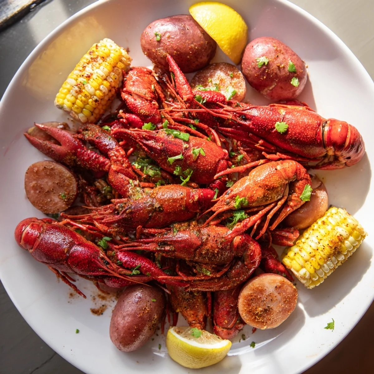 Sizzling Louisiana Style Crawfish Boil with potatoes and sausage on a rustic wooden table.