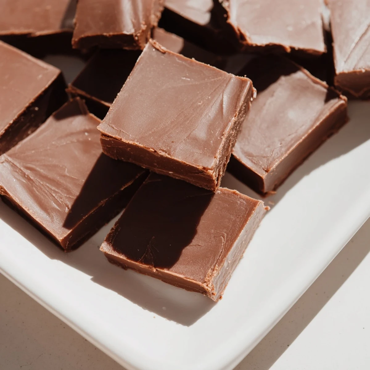 Freshly cut squares of Irish Cream Fudge rest on parchment paper, revealing a smooth, rich chocolate texture with a hint of coffee.