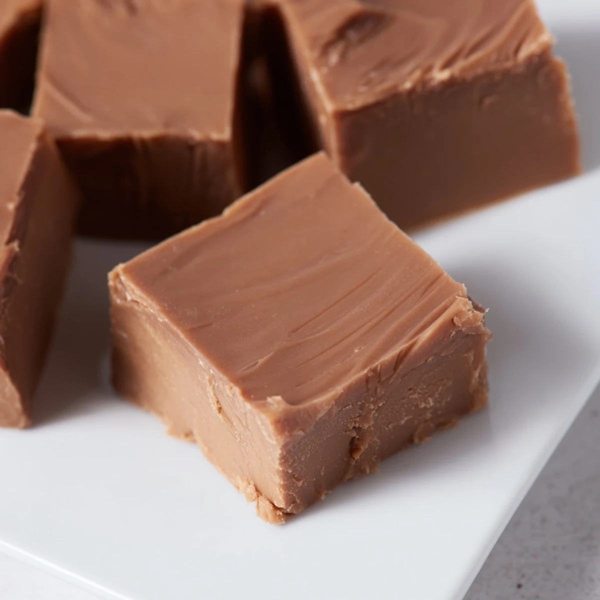 A hand lifts a bite-sized piece of Irish Cream Fudge, showcasing its dense, creamy consistency against a rustic wooden background.