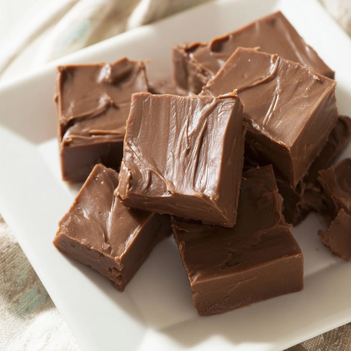 Stacked slices of homemade Irish Cream Fudge are plated near a glass of milk, highlighting a delicious chocolate dessert.