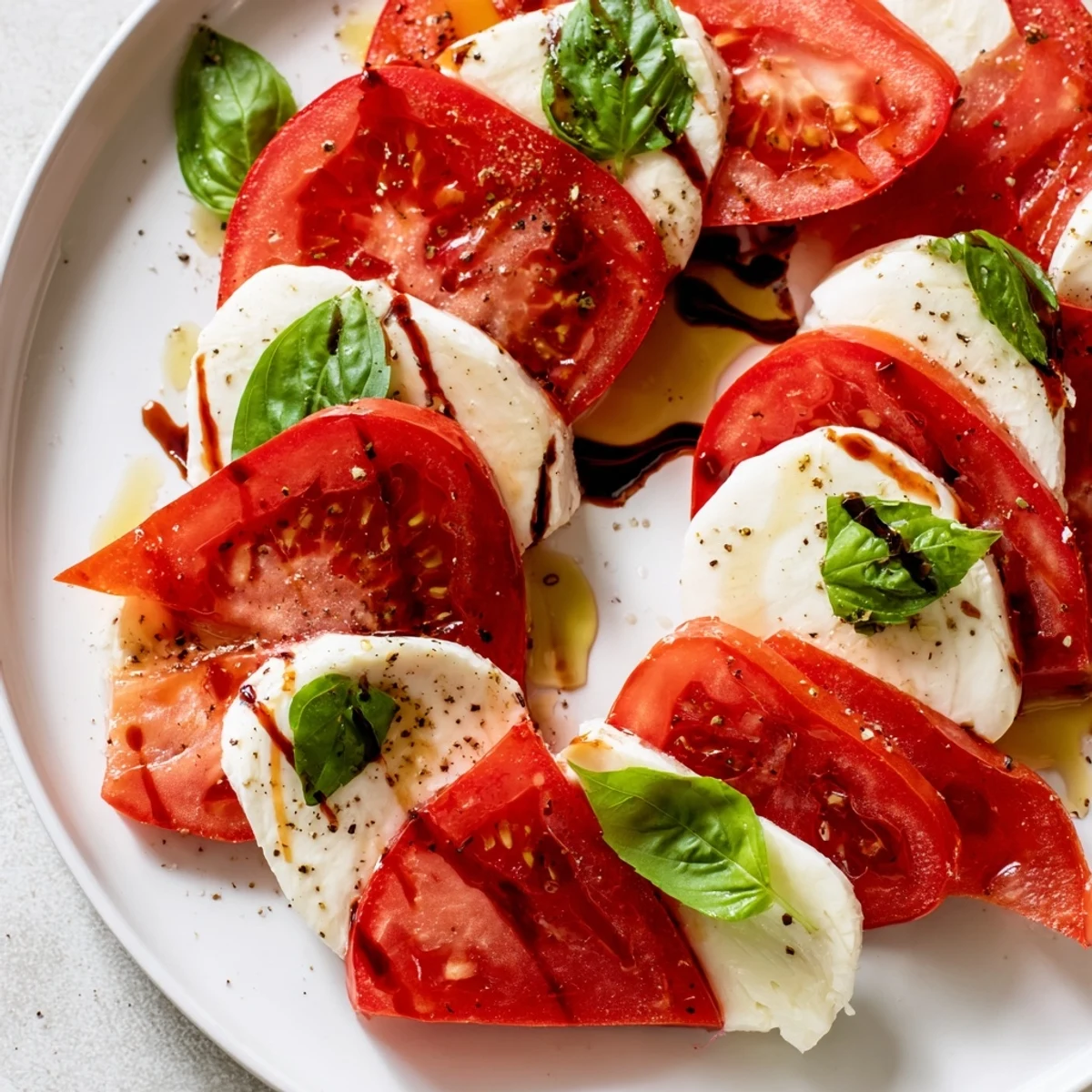 Freshly cut heart-shaped mozzarella and ripe tomatoes layered with basil on a platter, finished with a sweet-tangy balsamic glaze for a romantic appetizer.