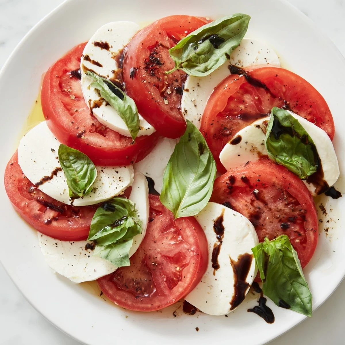 Vibrant heart-caprese-salad with glistening olive oil and balsamic drizzle, arranged for a charming date night dinner or special occasion.