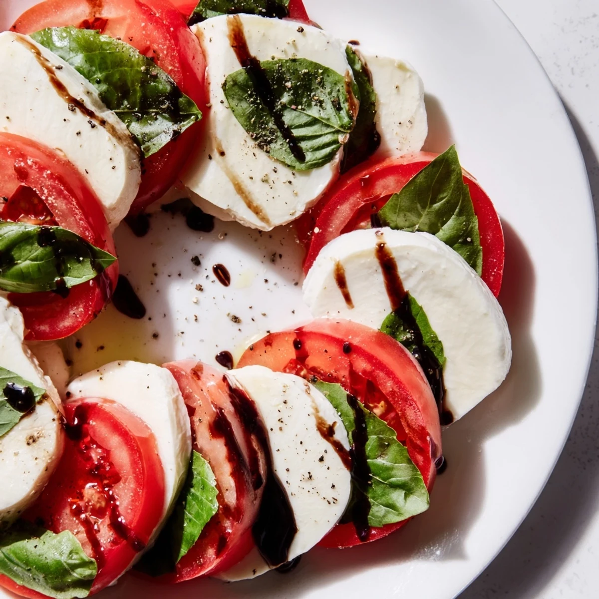 Juicy red tomato rounds and creamy mozzarella hearts, fresh basil, and balsamic glaze served on a white platter, ready to enjoy.