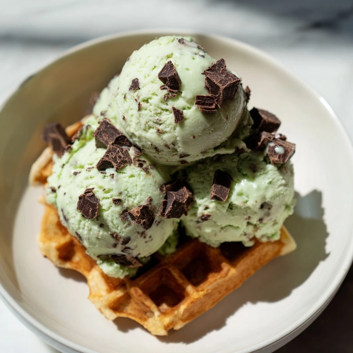 Warm golden brown waffle topped with scoops of creamy green mint chocolate chip ice cream.