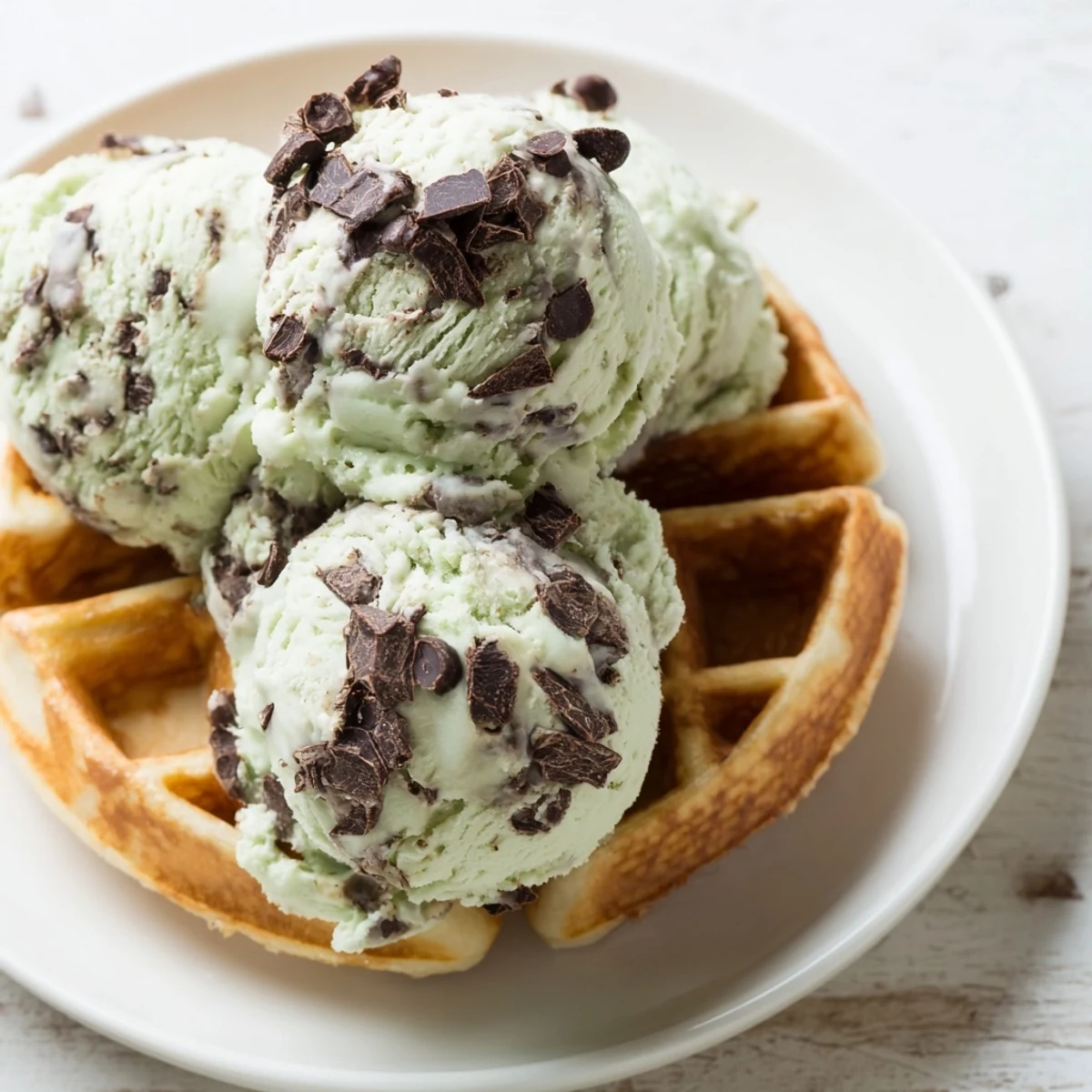 Homemade mint ice cream melting slightly over a crisp waffle, served on a rustic plate.