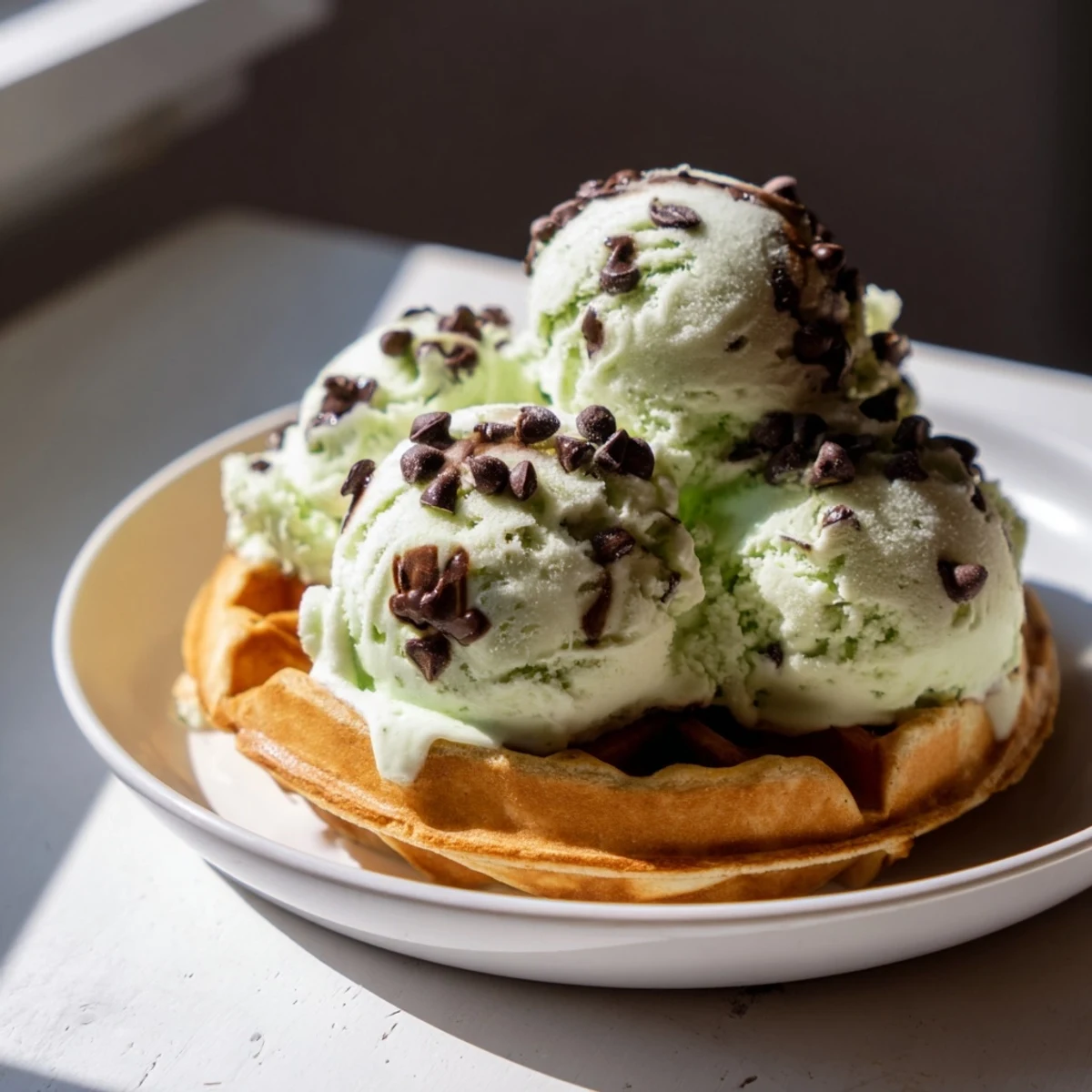 Freshly made mint chocolate chip ice cream served on a warm, golden-brown waffle breakfast treat.