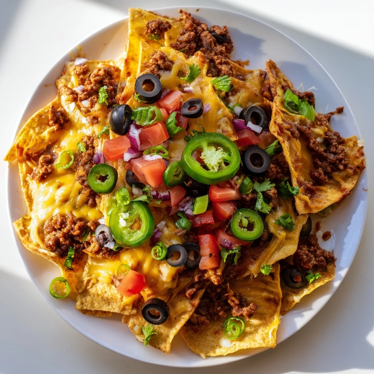 A close-up of the finished Nacho Platter with Ground Beef and Cheese, with melted cheddar and Monterey Jack stretched over the chips.