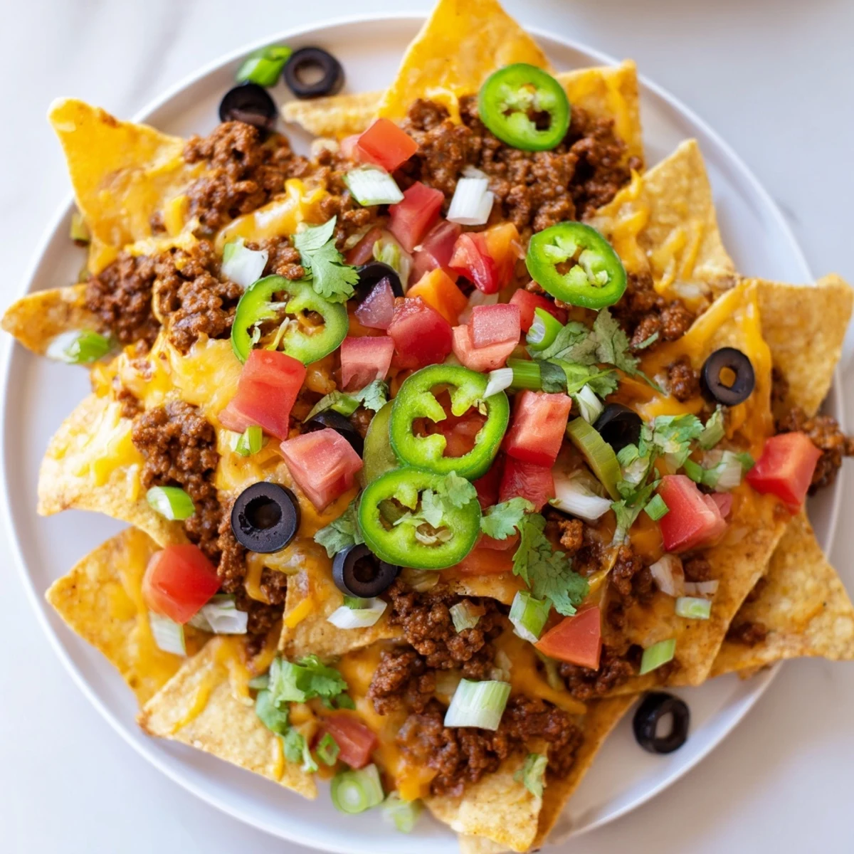 A hand sprinkling fresh cilantro over a steaming hot Nacho Platter with Ground Beef and Cheese, with sour cream and guacamole on the side.
