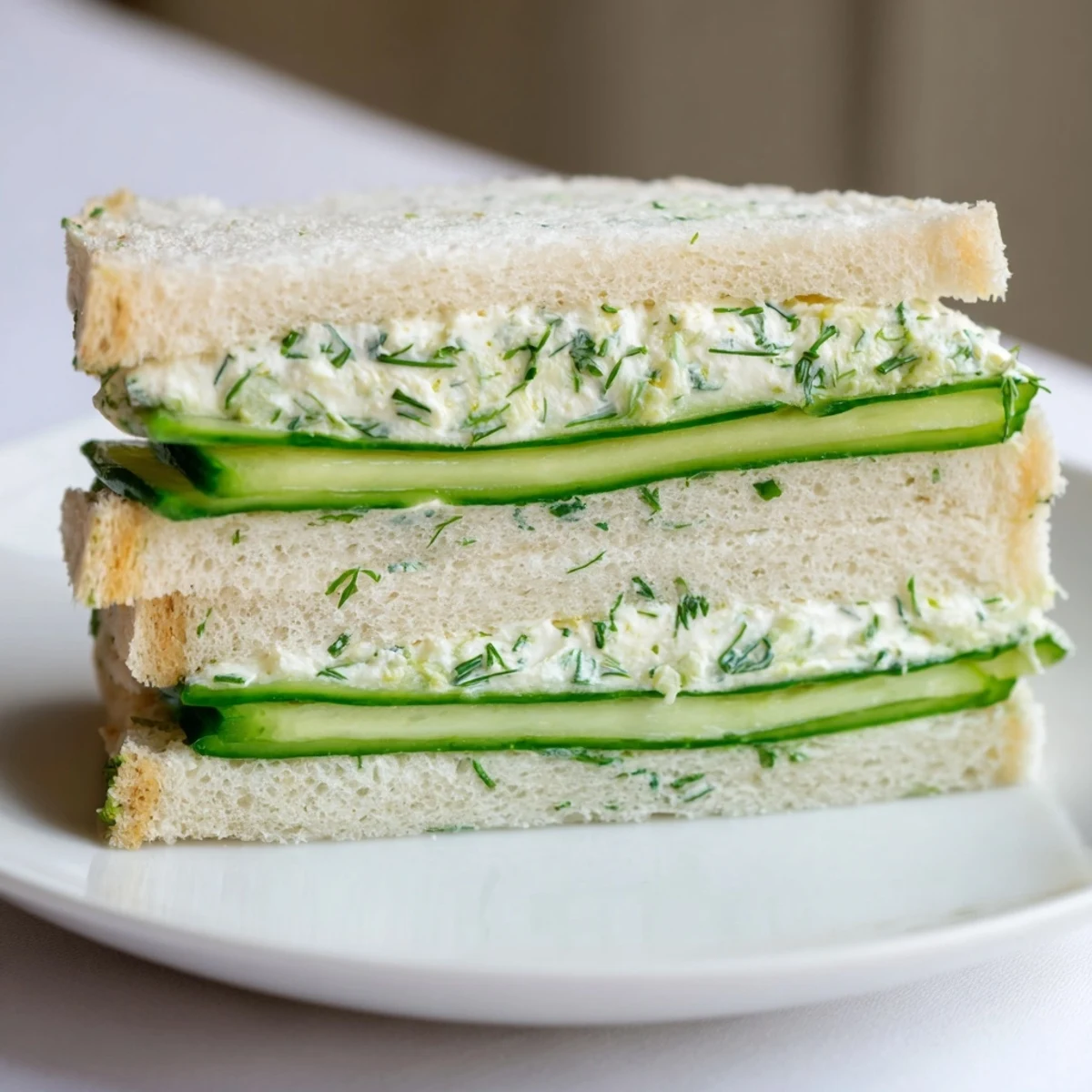 Stacks of triangular Cucumber Sandwiches with Herb Cream Cheese rest on a white platter, garnished with fresh dill.