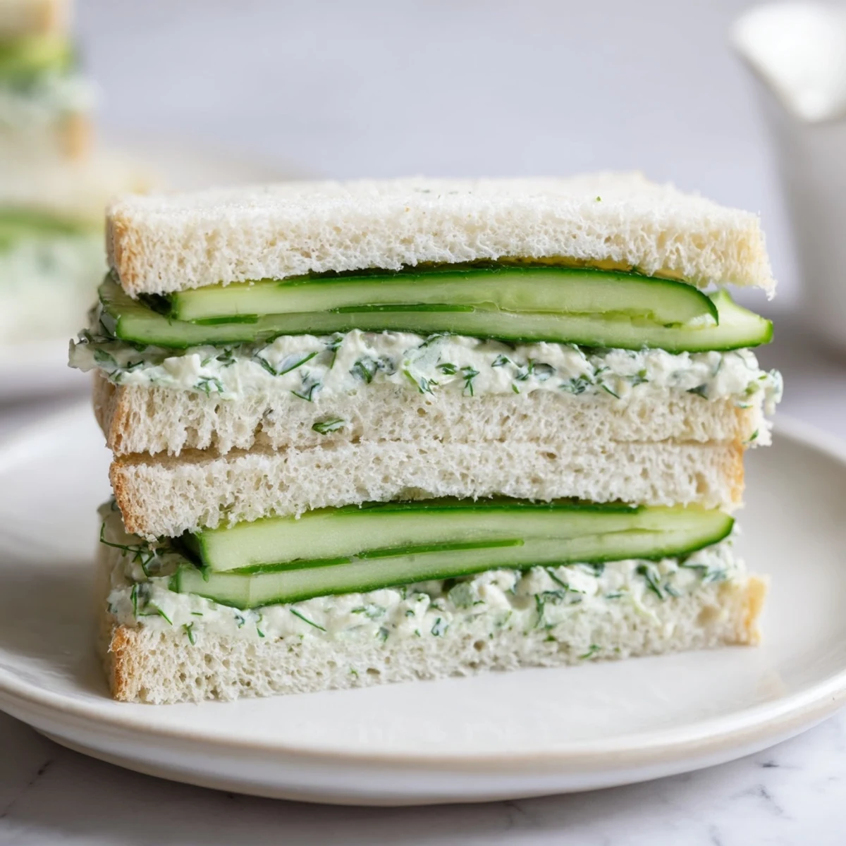 Freshly made Cucumber Sandwiches with Herb Cream Cheese display thin cucumber slices peeking from creamy, herbed filling.