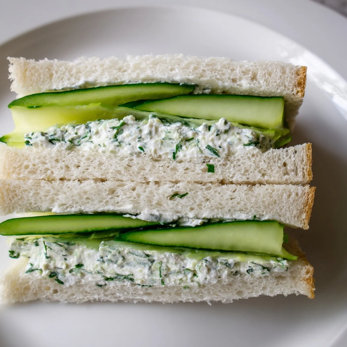 Plate of Cucumber Sandwiches with Herb Cream Cheese ready for tea service, with crustless white bread and herbs.