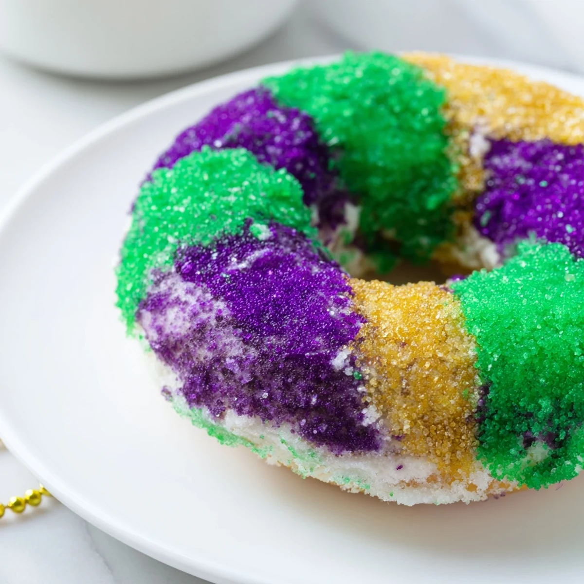 Golden-brown Mardi Gras Donuts with Colored Sugar, dusted with purple, green, and gold sugar on a napkin.