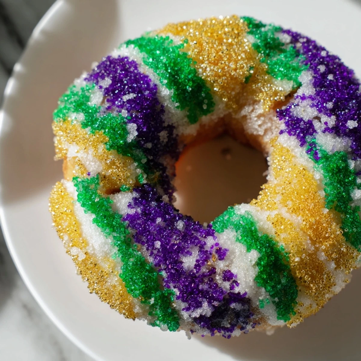 Freshly fried Mardi Gras Donuts with Colored Sugar on a cooling rack, ready for a festive New Orleans party.