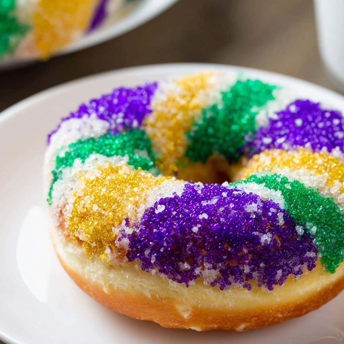 Homemade Mardi Gras Donuts with Colored Sugar arranged on a plate, showcasing vibrant purple, green, and gold toppings.