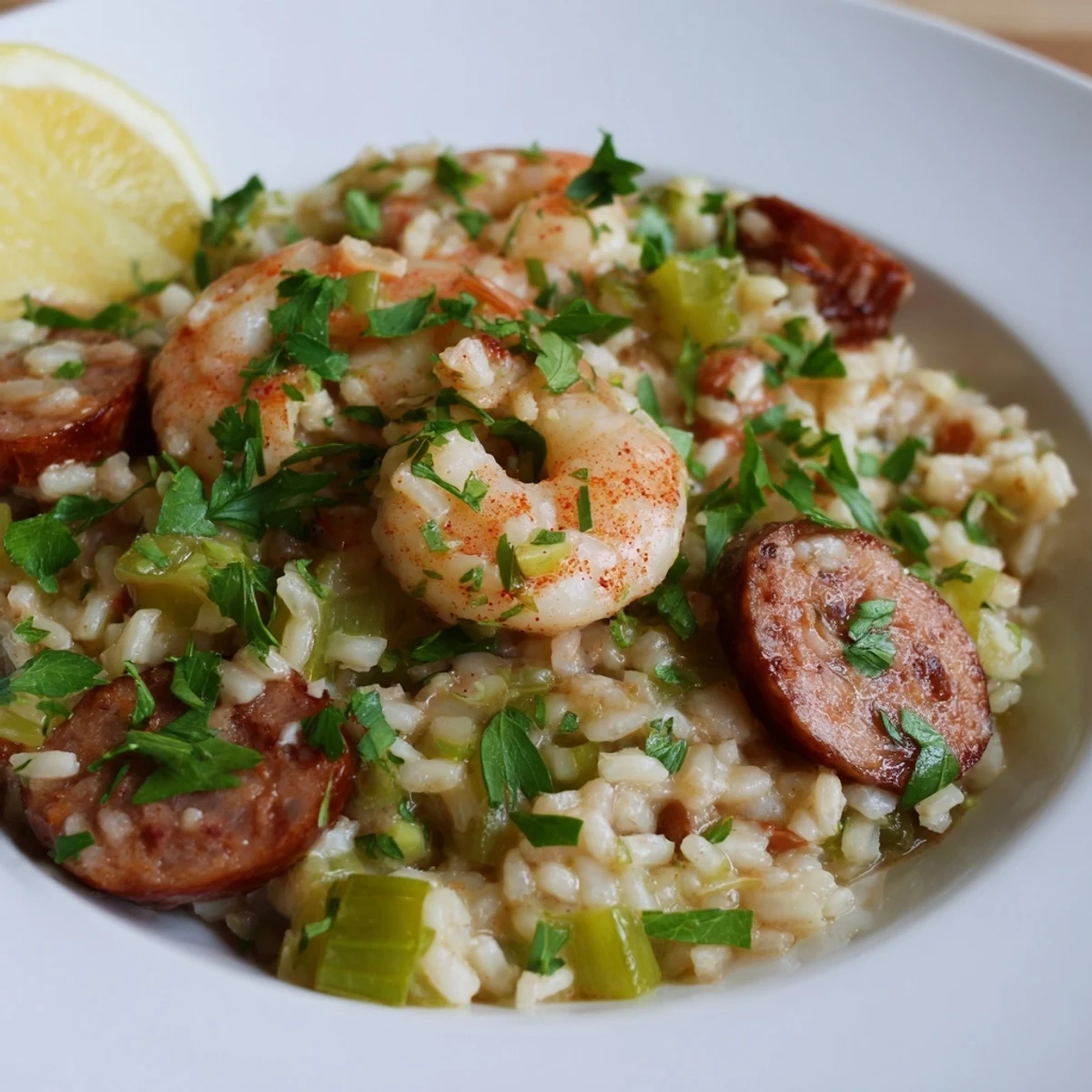 A close-up of Creole Jambalaya Risotto, showcasing plump pink shrimp and sliced andouille sausage in creamy, tomato-infused Arborio rice with a lemon wedge garnish.