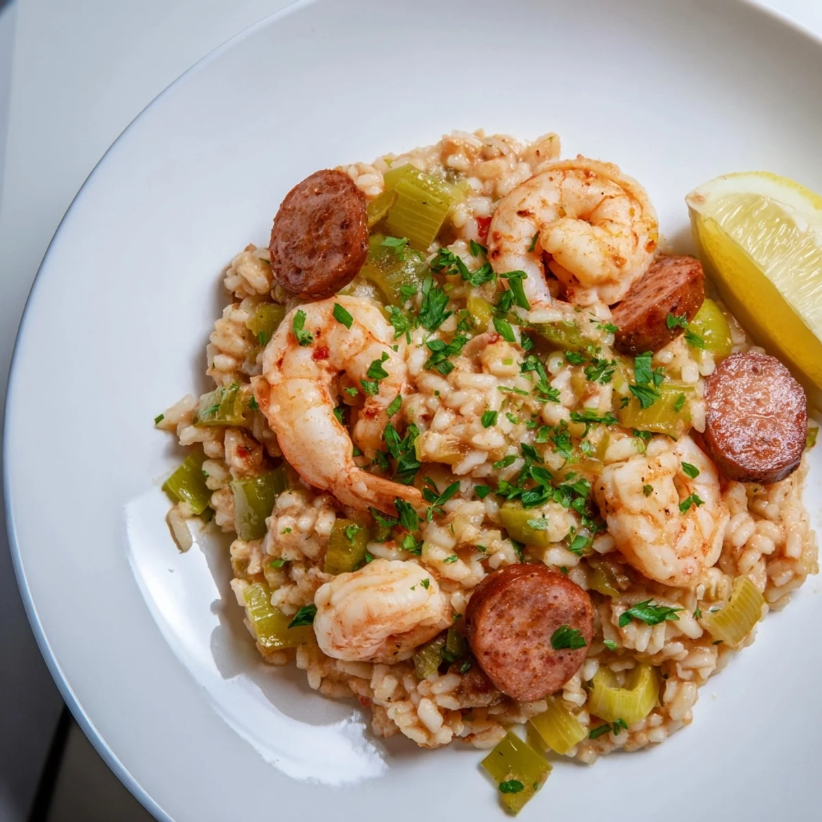 The finished Creole Jambalaya Risotto is served steaming in a rustic bowl, loaded with diced vegetables andouille sausage and fresh parsley for a flavorful family-style dinner.