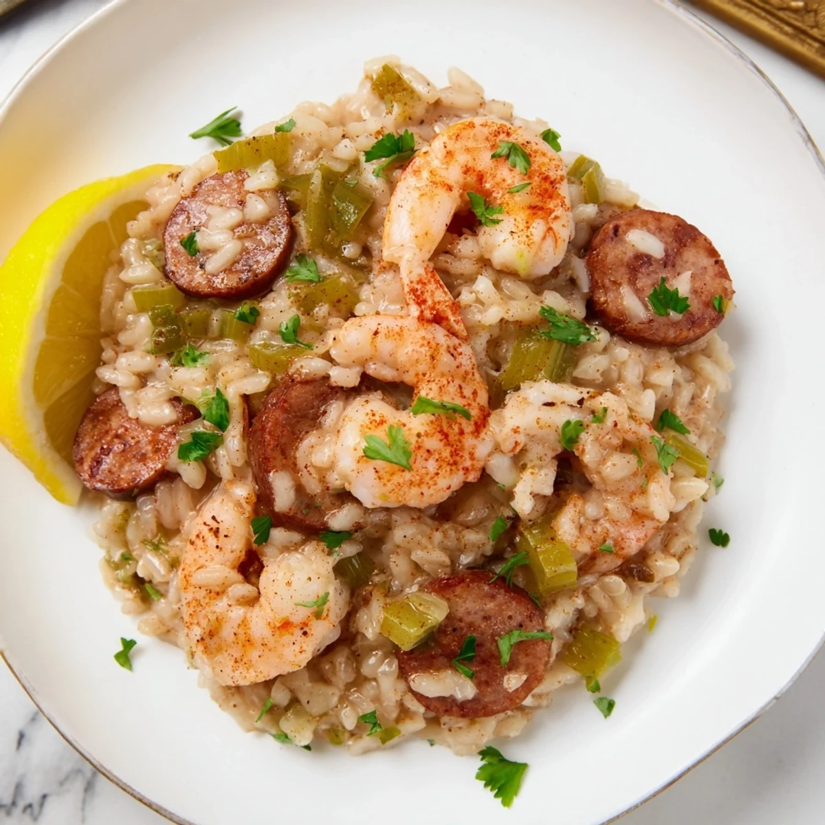 Spoon into a bowl of rich Creole Jambalaya Risotto, highlighting the tender shrimp andouille sausage and a sprinkle of cayenne for a spicy Creole kick.