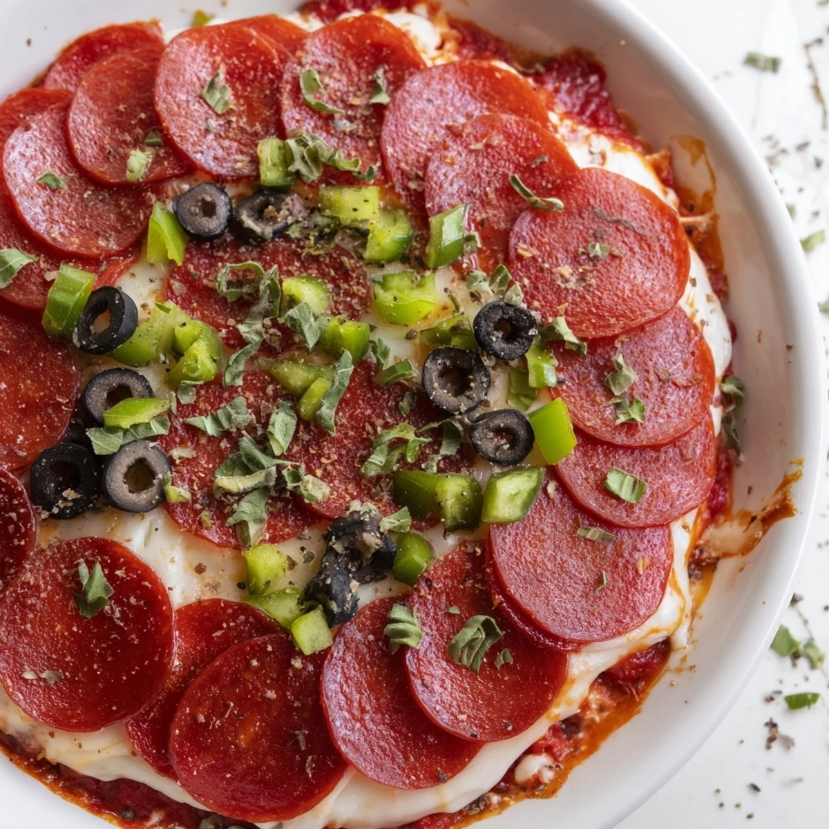 Golden, cheesy Pepperoni Pizza Dip topped with beef pepperoni and fresh basil, paired with crunchy crackers for an easy party appetizer.