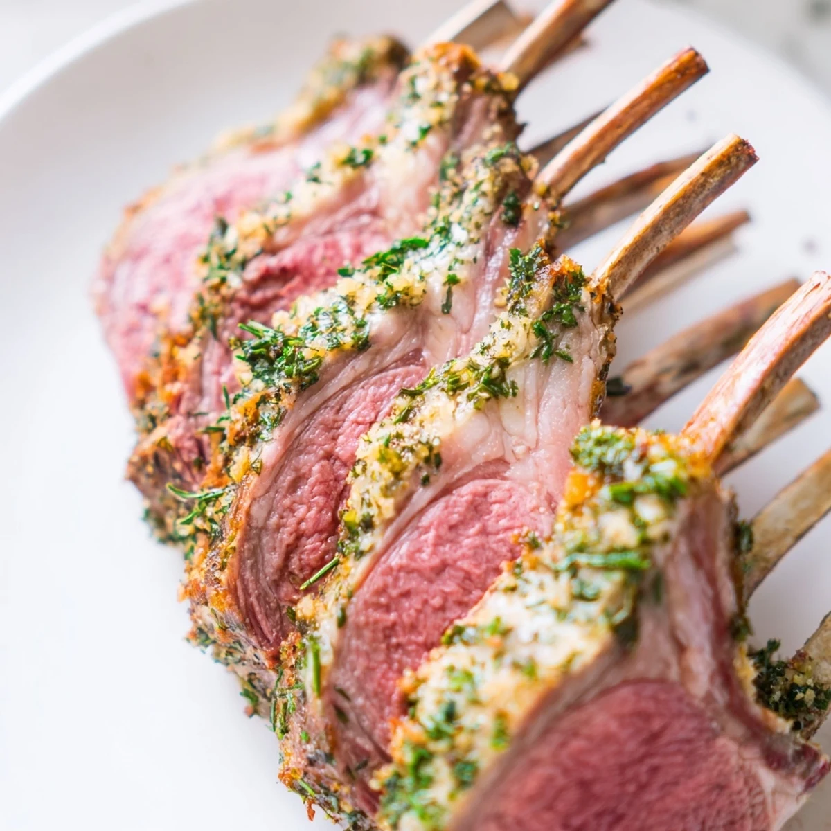 Roasted Rack of Lamb with Herbs and Garlic on a platter, garnished with fresh rosemary and garlic cloves, ready to slice and serve.