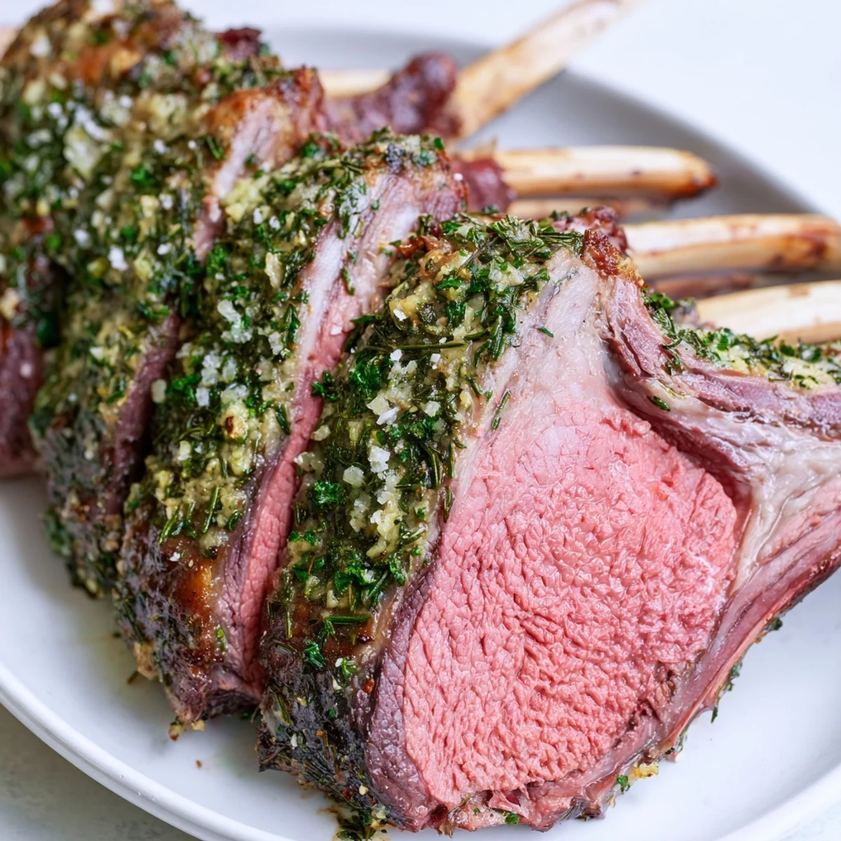 Perfectly medium-rare Roasted Rack of Lamb with Herbs and Garlic, its herb crust glistening beside roasted potatoes and a glass of Pinot Noir.