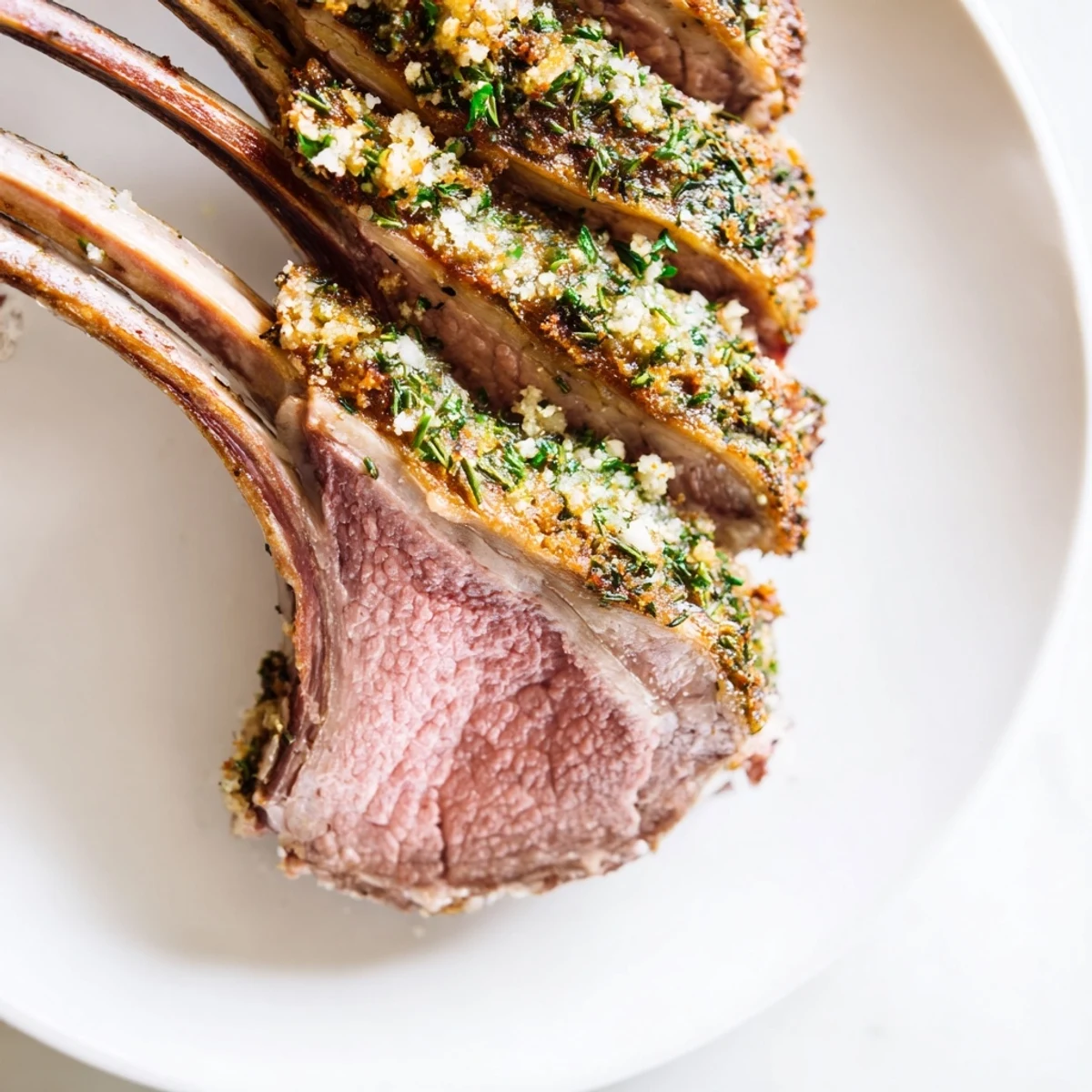 A close-up of Roasted Rack of Lamb with Herbs and Garlic, highlighting juicy ribs, flaky sea salt, and a rustic cutting board presentation.