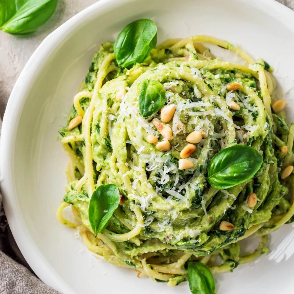 Creamy avocado and spinach pasta served in a white bowl, garnished with fresh basil and toasted pine nuts.