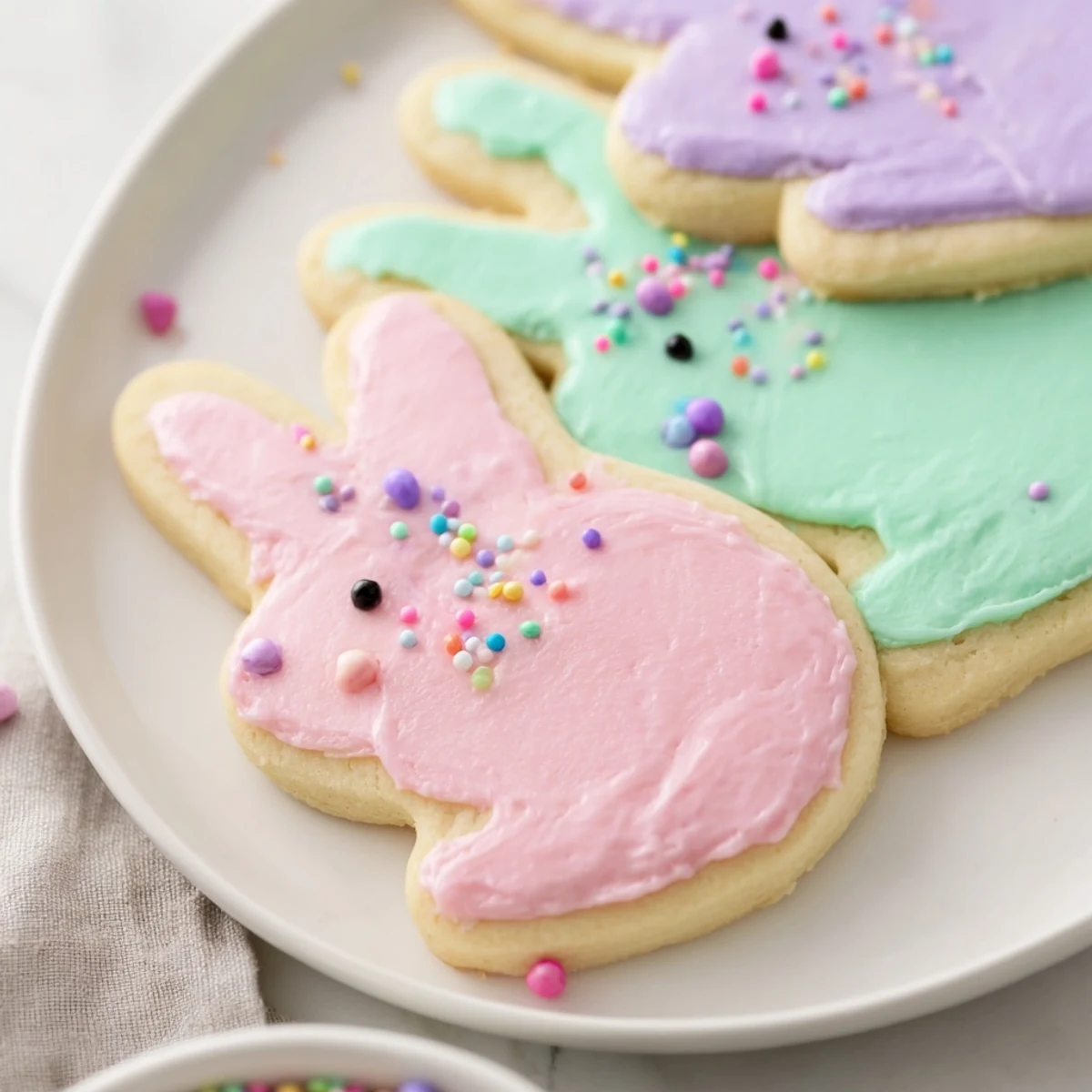 Freshly baked Easter Bunny Sugar Cookies arranged on a cooling rack, showcasing delicate bunny shapes with pastel icing and colorful sprinkles.