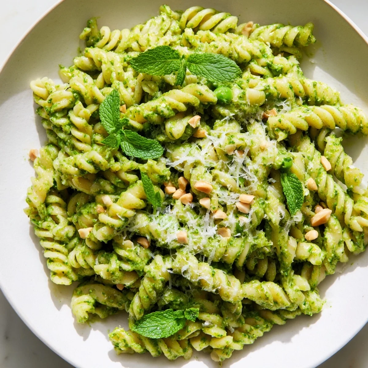 Spring Pea and Mint Pesto Pasta served in a white bowl, garnished with fresh mint leaves and shaved Parmesan cheese, highlighting the vibrant green sauce coating every noodle.