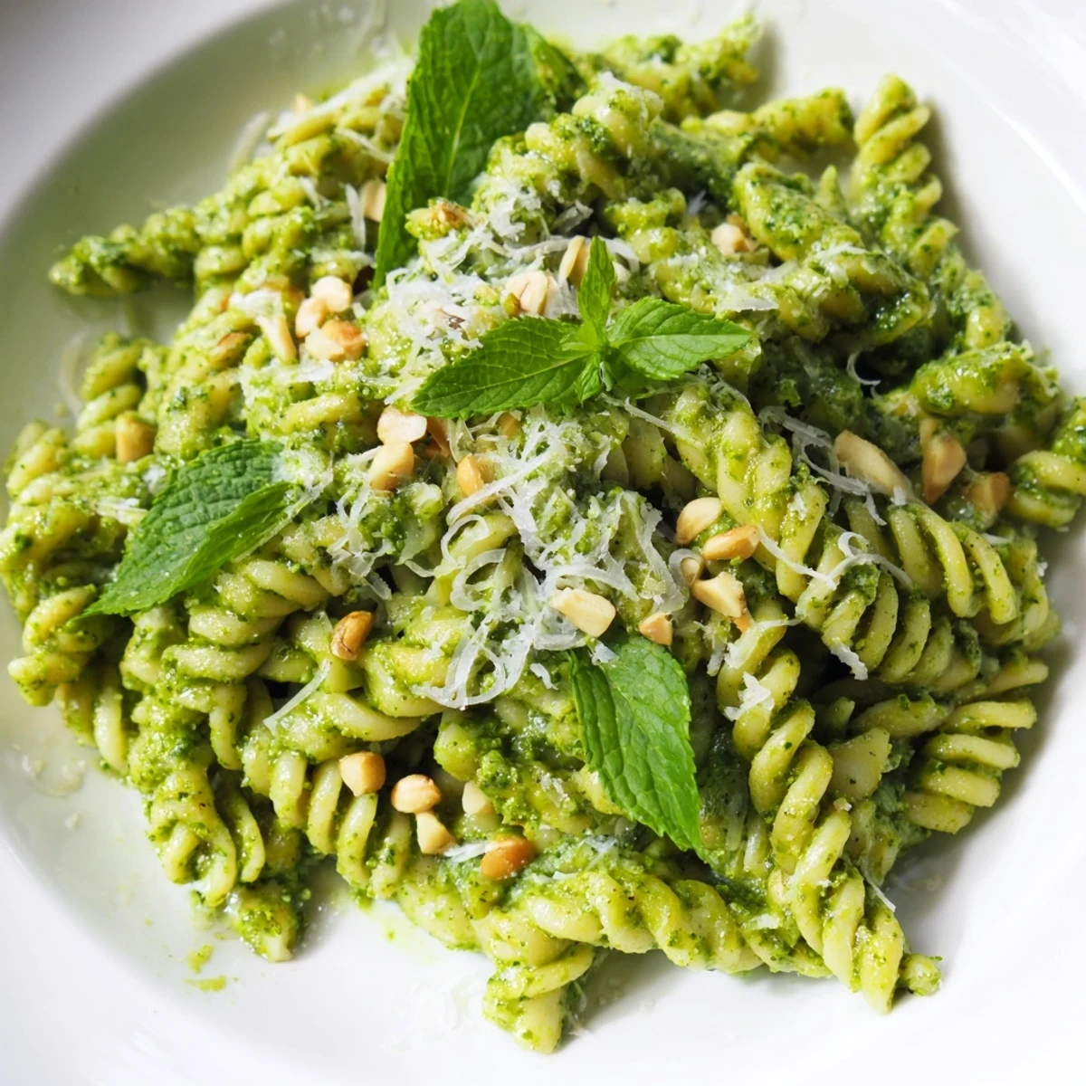 A close-up view of Spring Pea and Mint Pesto Pasta featuring al dente fusilli tossed in a creamy, bright green pesto, with toasted pine nuts sprinkled on top.